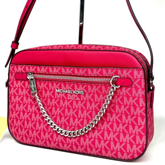 Michael Kors Large Jet Set Large Signature Logo Crossbody Bag - Dark Raspberry - Picture 1 of 10